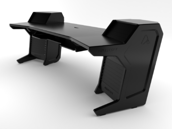 Akustify professional studio recording desk with integrated equipment racks and an ergonomic design for a modern recording environment.