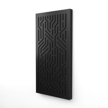 Angled view of the black Akustify Circuit Dualis 50x100 acoustic diffuser panel