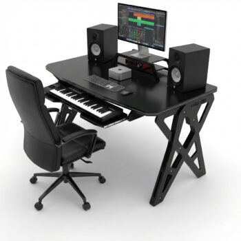 Akustify WS-01 black compact home studio desk in a modern room setup for music production and gaming