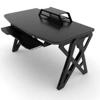 Angled profile view of the black WS-01 home studio desk with the sliding keyboard tray open
